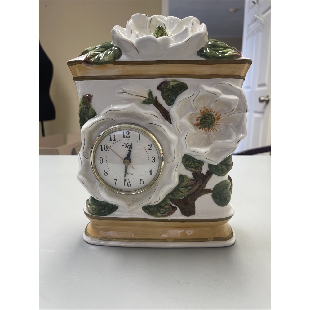 Vintage Ceramic Magnolia Quartz Clock Cottagecor Grannycor 11" Tabletop Tested ✅